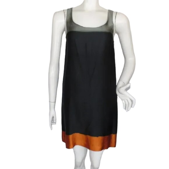 THEORY Silk Slip Dress, 2, Color block, Tank Upper, Black, Gray, Brassy Orange - Picture 1 of 12